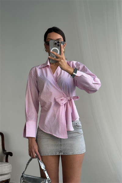ÇİZGİLİ POPLİN KRUVAZE BAĞLAMALI GÖMLEK - Pembe