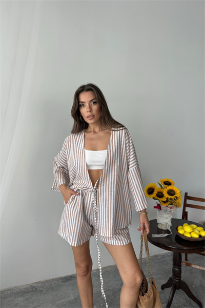 ÇİZGİLİ TUNİK -  ŞORT TAKIM - Bej