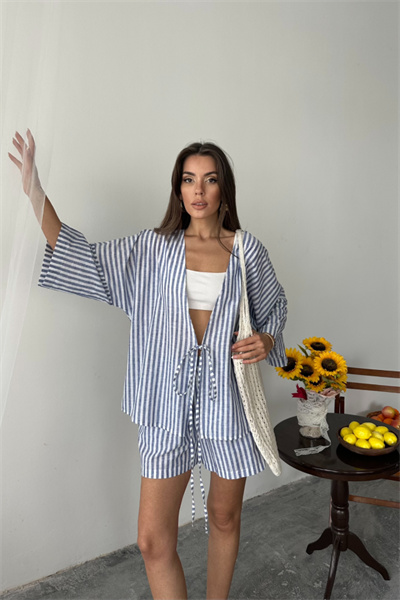ÇİZGİLİ TUNİK -  ŞORT TAKIM - Lacivert