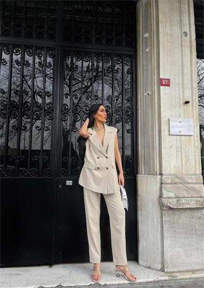 ÇİZGİLİ UZUN YELEK - PANTOLON TAKIM POLVİSCON - Bej