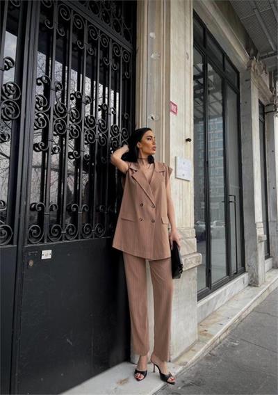 ÇİZGİLİ UZUN YELEK - PANTOLON TAKIM POLVİSCON - Kahverengi