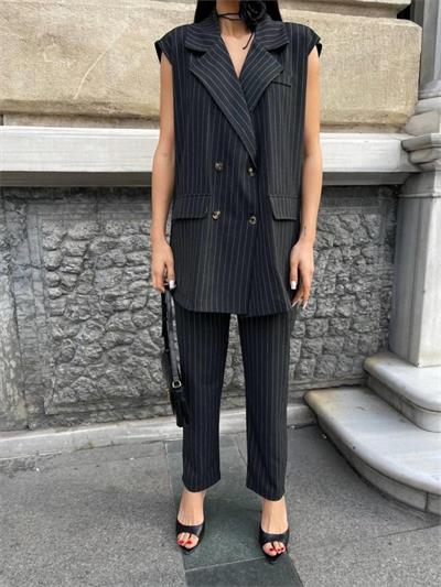 ÇİZGİLİ UZUN YELEK - PANTOLON TAKIM POLVİSCON - Antrasit