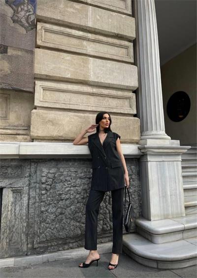 ÇİZGİLİ UZUN YELEK - PANTOLON TAKIM POLVİSCON - Antrasit