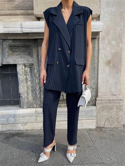 ÇİZGİLİ UZUN YELEK - PANTOLON TAKIM POLVİSCON - Lacivert