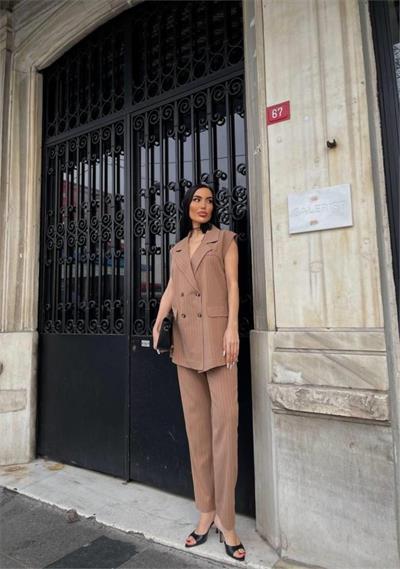 ÇİZGİLİ UZUN YELEK - PANTOLON TAKIM POLVİSCON - Kahverengi