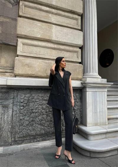 ÇİZGİLİ UZUN YELEK - PANTOLON TAKIM POLVİSCON - Antrasit