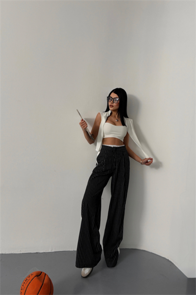 ÇİZGİLİ YANLAR ŞERİT DETAYLI PANTOLON - Siyah