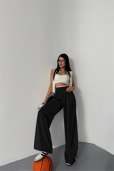 ÇİZGİLİ YANLAR ŞERİT DETAYLI PANTOLON - Siyah