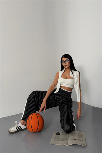 ÇİZGİLİ YANLAR ŞERİT DETAYLI PANTOLON - Siyah