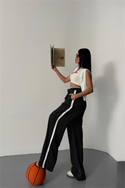 ÇİZGİLİ YANLAR ŞERİT DETAYLI PANTOLON - Siyah