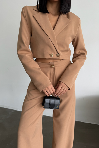 CROP CEKET - PANTOLON TAKIM GOLD DÜĞME DETAYLI - Kahverengi