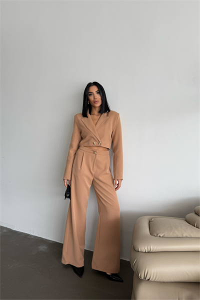 CROP CEKET - PANTOLON TAKIM GOLD DÜĞME DETAYLI - Kahverengi