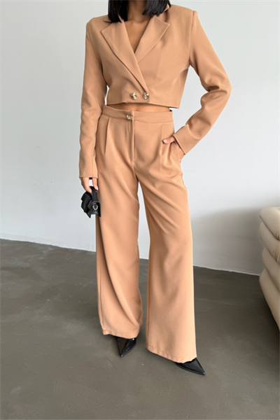 CROP CEKET - PANTOLON TAKIM GOLD DÜĞME DETAYLI - Kahverengi