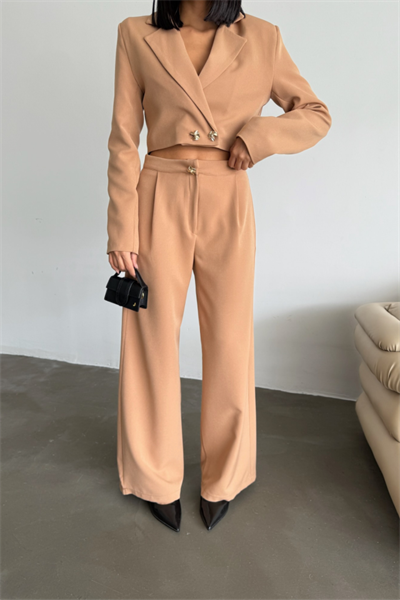 CROP CEKET - PANTOLON TAKIM GOLD DÜĞME DETAYLI - Kahverengi