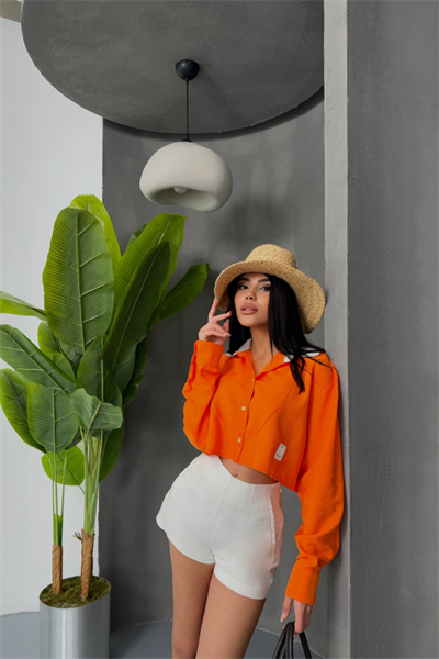 CROP GÖMLEK BEYAZ YAKA VE ETİKET DETAYLI - Orange