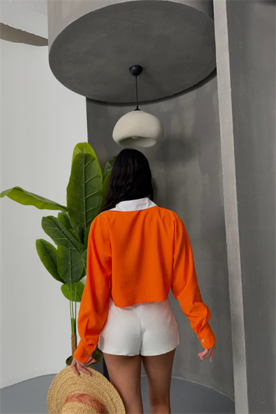 CROP GÖMLEK BEYAZ YAKA VE ETİKET DETAYLI - Orange