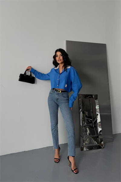 CROP GÖMLEK BEYAZ YAKA VE ETİKET DETAYLI - Mavi