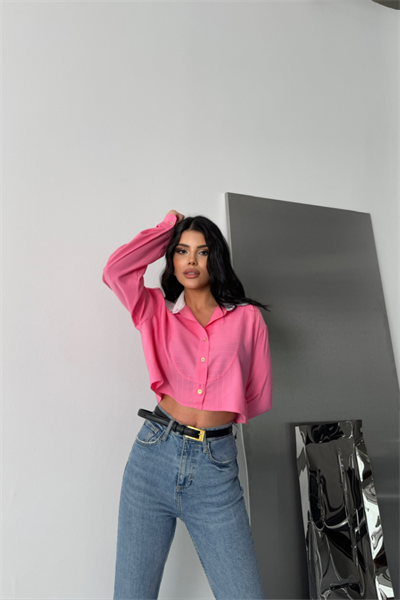 CROP GÖMLEK BEYAZ YAKA VE ETİKET DETAYLI - Pembe