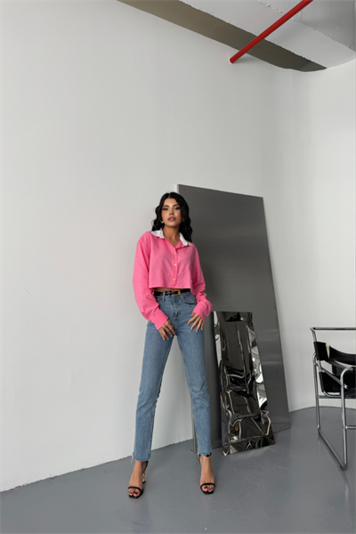 CROP GÖMLEK BEYAZ YAKA VE ETİKET DETAYLI - Pembe