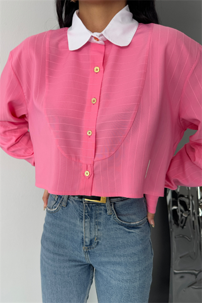 CROP GÖMLEK BEYAZ YAKA VE ETİKET DETAYLI - Pembe