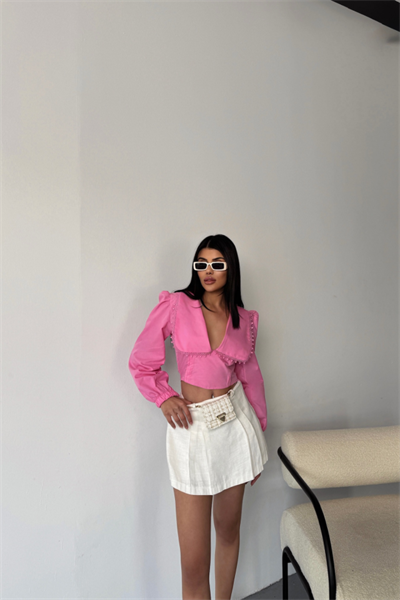 CROP POPLİN GÖMLEK YAKA KENAR DANTEL DETAYLI - Pembe