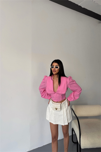 CROP POPLİN GÖMLEK YAKA KENAR DANTEL DETAYLI - Pembe