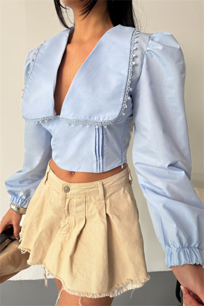 CROP POPLİN GÖMLEK YAKA KENAR DANTEL DETAYLI - Bebe Mavi