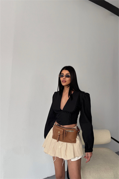 CROP POPLİN GÖMLEK YAKA KENAR DANTEL DETAYLI - Siyah