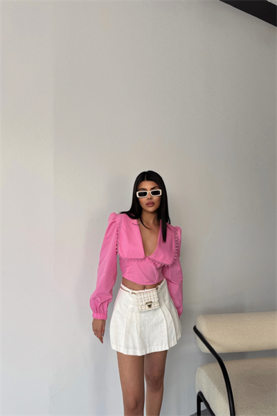 CROP POPLİN GÖMLEK YAKA KENAR DANTEL DETAYLI - Pembe