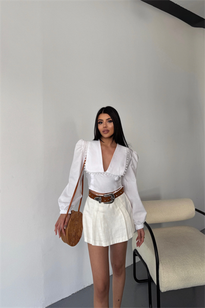 CROP POPLİN GÖMLEK YAKA KENAR DANTEL DETAYLI - Beyaz