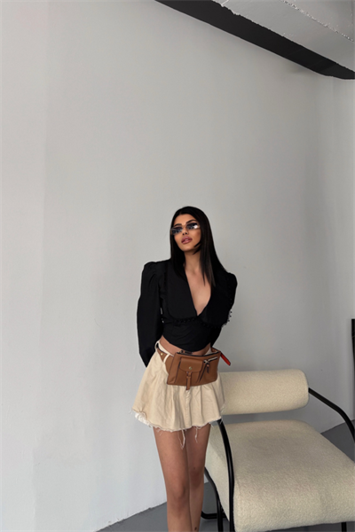 CROP POPLİN GÖMLEK YAKA KENAR DANTEL DETAYLI - Siyah