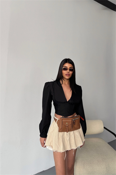 CROP POPLİN GÖMLEK YAKA KENAR DANTEL DETAYLI - Siyah