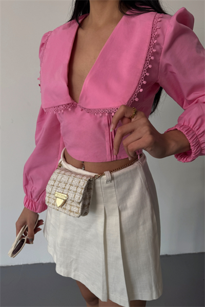 CROP POPLİN GÖMLEK YAKA KENAR DANTEL DETAYLI - Pembe