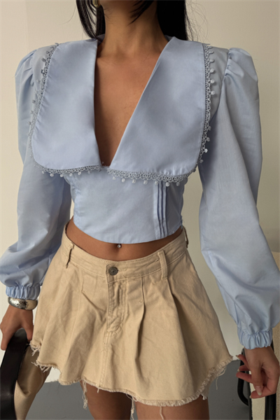 CROP POPLİN GÖMLEK YAKA KENAR DANTEL DETAYLI - Bebe Mavi