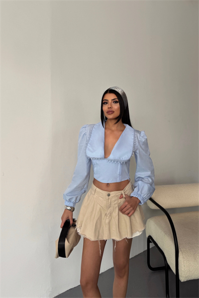 CROP POPLİN GÖMLEK YAKA KENAR DANTEL DETAYLI - Bebe Mavi