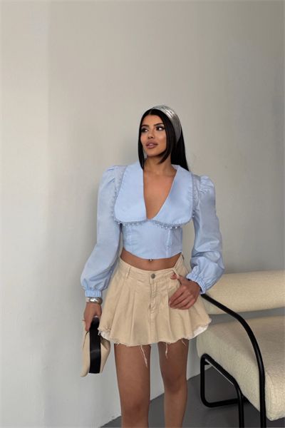CROP POPLİN GÖMLEK YAKA KENAR DANTEL DETAYLI - Bebe Mavi