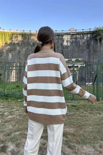 Camel Çizgili Triko Kazak