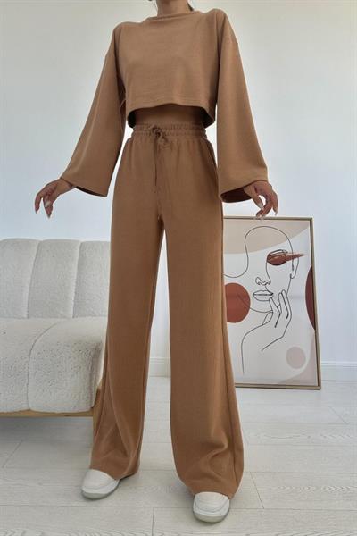 Camel Fitilli Bluz Ve Pantolon Takım