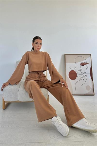 Camel Fitilli Bluz Ve Pantolon Takım