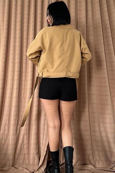 Camel Kemerli Kısa Trech Ceket