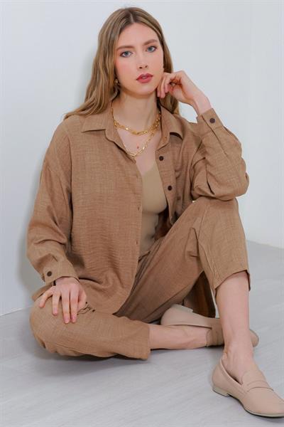 Camel Oversize Keten Alt Üst Takım 6622