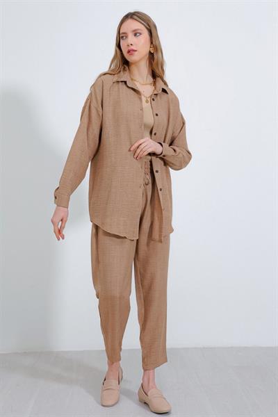 Camel Oversize Keten Alt Üst Takım 6622