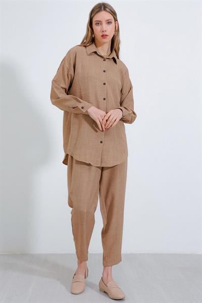 Camel Oversize Keten Alt Üst Takım 6622