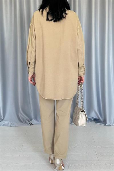 Camel Yıkamalı Gömlek Ve Pantolon Takım