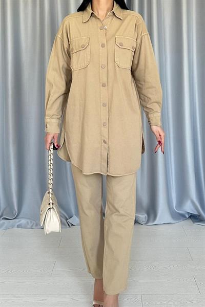 Camel Yıkamalı Gömlek Ve Pantolon Takım