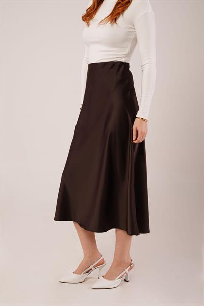 Çan Kesim Midi Kahverengi Saten Etek