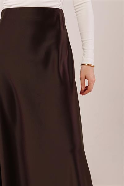 Çan Kesim Midi Kahverengi Saten Etek
