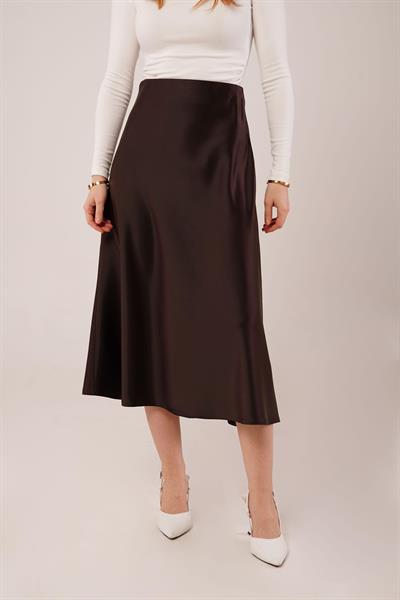 Çan Kesim Midi Kahverengi Saten Etek