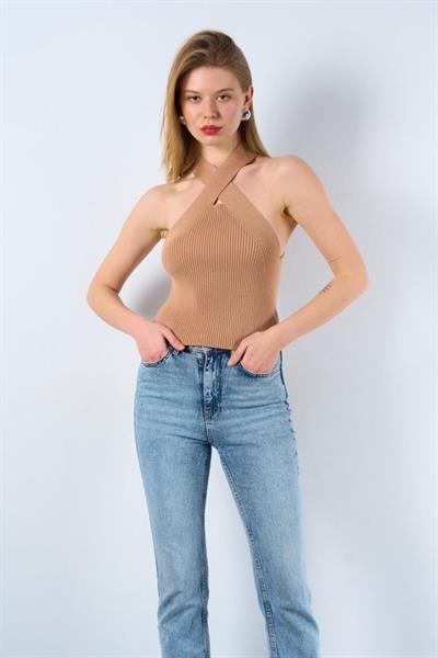 Çapraz Askılı Fitilli Atlet - Camel