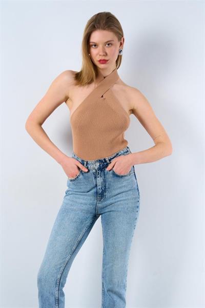 Çapraz Askılı Fitilli Atlet - Camel